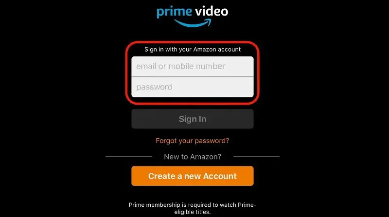 sign in amazon prime account using the app